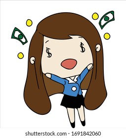 Young big smile woman looking money that falling. Sale team. Blue formal uniform suit clothes. Cartoon chibi character vector.