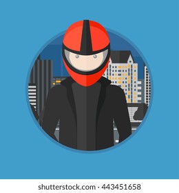 Young biker standing on the background of night city. Man in biker helmet and leather jacket. Vector flat design illustration in the circle isolated on background.