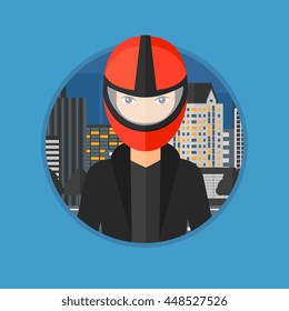 Young biker standing on the background of night city. Woman in biker helmet and leather jacket. Vector flat design illustration in the circle isolated on background.