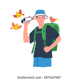 Young birdwatcher at ecotour. Traveler with backpack holding binoculars. Young male ornithologist watching birds. Tourist with naturalist equipment. Flat vector cartoon illustration isolated on white.