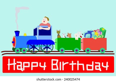 Young birthday boy on a train filled with cats and dogs and birthday gifts.