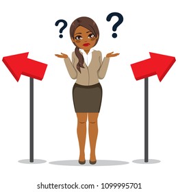 Young black African American businesswoman with confused face expression doubting direction choice concept