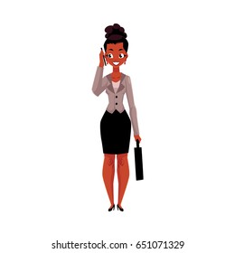 Young black, African American businesswoman with briefcase calling, talking by mobile phone, cartoon vector illustration isolated on white background. Black businesswoman standing, talking by phone