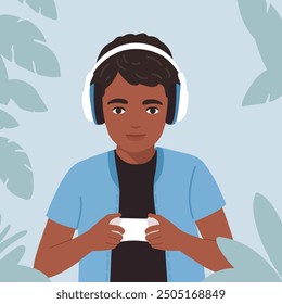 Young black african american gamer playing console and wearing headphone for live streamer illustration.