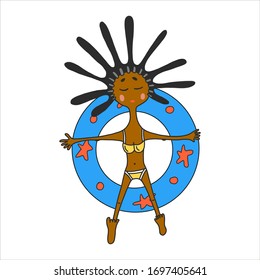 Young black, African American girl, woman in bikini floating on inflatable ring on the water surface, top view cartoon vector illustration isolated on white background.Hand drawn style.
