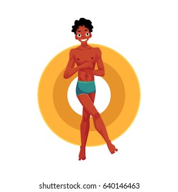 Young black, African American man resting on inflatable ring with crossed arms and legs, top view cartoon vector illustration isolated on white background. Young black man, boy on inflatable ring