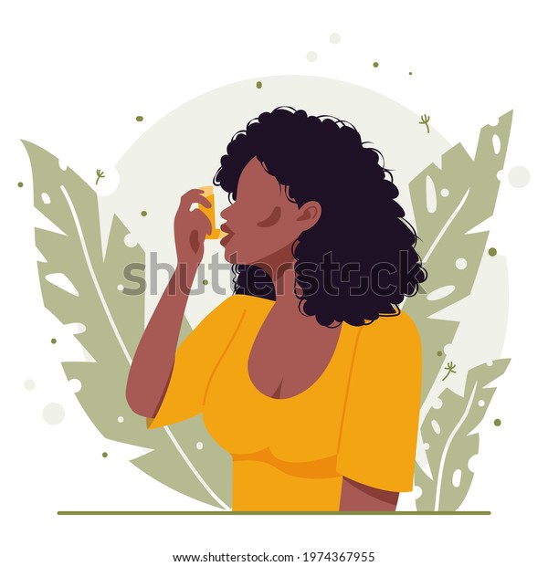 Young black african american woman with\
black curly hair uses an asthma inhaler against an allergic attack.\
Concept of world asthma day. Allergy, asthmatic. Bronchial asthma.\
Vector flat illustration
