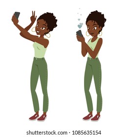 Young black african girl takes selfie and publishes a photo on social networks. Character design. Two woman poses with a smartphone.