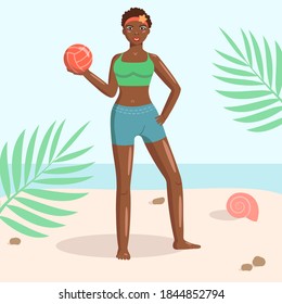 Young black african girl with a volleyball on the beach. Dressed in shorts and a tank top. Cartoon illustration