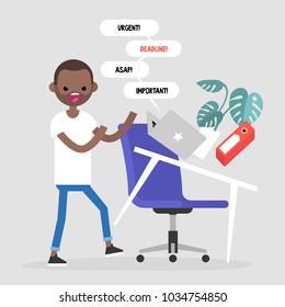 Young black angry manager flipping a desk. Stress at the workplace. Flat editable vector illustration, clip art