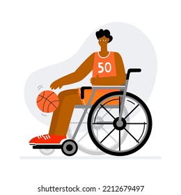 Young black basketball player in a wheelchair. Athlete with a disability. Flat vector illustration isolated on white background