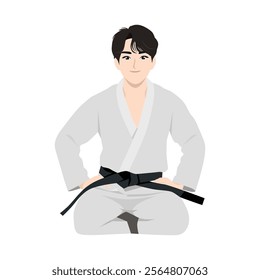 Young black Belt karate man sit on a position. Flat Vector character illustration