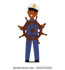 Young Black Boy Character, Adorned In Blue Captain Costume, Confidently Steers The Ship Helm With A Gleam Of Adventure In His Eyes. Child Playing Navy Game. Cartoon People Vector Illustration