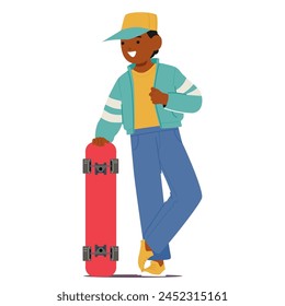 Junge schwarze Junge-Figur, die eine souveräne Pose in trendiger Kleidung mit Skateboard, ausdrucksvollem Stil und Charme mit seinen modischen Kleidern und charismatischem Auftreten schlägt. Cartoon Menschen Vektorillustration