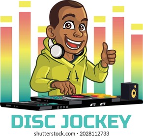 Young Black Boy Disc Jockey cartoon Mascot Logo