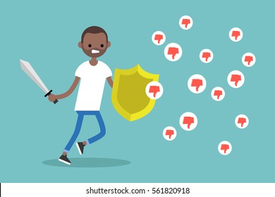 Young black boy fighting against negative reactions in social media / editable flat vector illustration, clip art