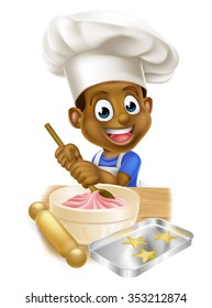 A young black boy kid in an apron and chef hat baking cakes