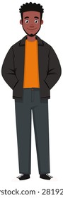 Young Black Boy Standing with Hands in Pockets Flat Vector Illustration