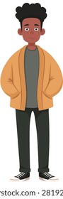 Young Black Boy Standing with Hands in Pockets Flat Vector Illustration
