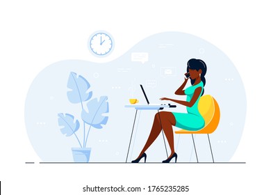 Young Black Business Lady Working On Laptop At The Desk In Office. Flat Style Illustration