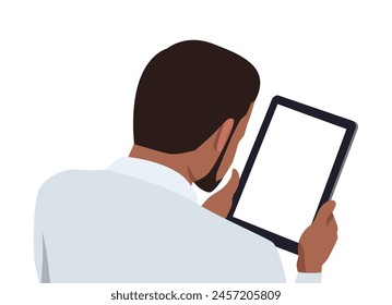 Young black business man with blank tablet in the hand back view. Flat vector illustration isolated on white background