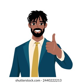 Young black business man dressed in suit formal wear showing thumb up. Flat vector illustration isolated on white background