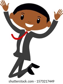 Young black business man jumping celebrating achieving office sales goal target. Cute vector graphic illustration on clear background.