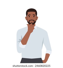 Young black business man making thinking gesture. Flat vector illustration isolated on white background