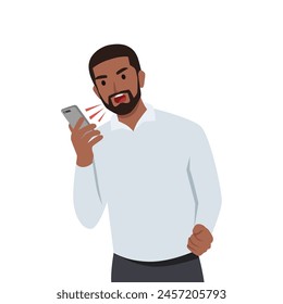 Young black businessman Angry on smartphone. Stressful man business shouting and screaming. Flat vector illustration isolated on white background