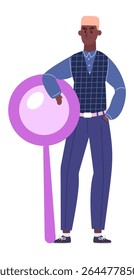 Young black businessman with blond hair is standing and leaning on a big magnifying glass, representing the concept of market research and business analysis