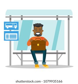 Young black businessman with briefcase waiting at the bus stop. Happy hipster man with beard sitting at the bus stop. Vector cartoon illustration isolated on white background. Square layout.