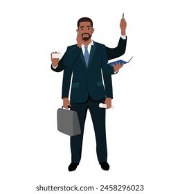 Young black Businessman do a multi tasking. Flat vector illustration isolated on white background