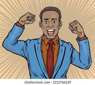 The young black businessman was excited and surprised. He opened his eyes wide and shouted loudly.
Hand drawn style vector design illustration.Retro pop art.