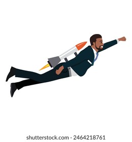 Young black businessman flying with jet pack illustration. Flat vector illustration isolated on white background