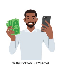 Joven empresario negro sosteniendo smartphone y dólares. Ilustración vectorial plana aislada sobre fondo blanco