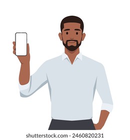 Young black businessman holding smartphone screen. Digital technology. Flat vector illustration isolated on white background