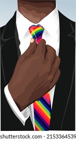 Young black businessman tightening the knot of his rainbow necktie. LGBT pride concept. Colorful vector illustration. 