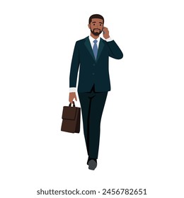 Joven hombre de negocios negro caminar con el teléfono móvil hablando y sosteniendo el maletín. Ilustración vectorial plana aislada sobre fondo blanco