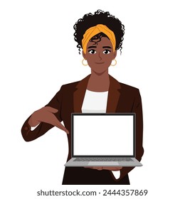Young black businesswoman showing a blank screen laptop and pointing finger. Flat Vector Illustration Isolated on White Background