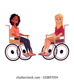 Young black and caucasian women in wheelchairs, cartoon vector illustration isolated on white background. African and whitew omen in wheelchairs, living with disability, equal opportunities concept