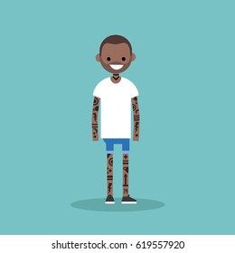 Young black character covered with a tattoo pattern. Subculture. Flat editable vector illustration, clip art