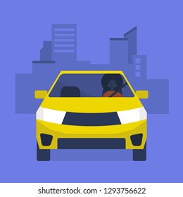 Young black character driving a yellow car. Urban lifestyle. Taxi service. Flat editable vector illustration, clip art