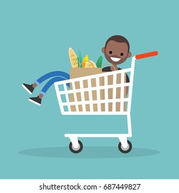 Young black character fooling around in the supermarket. Riding in the cart / flat editable vector illustration, clip art