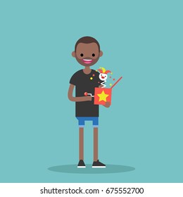 Young black character holding a Jack in the box / flat editable vector illustration, clip art