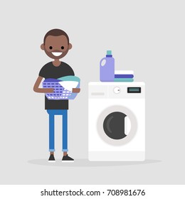 Young black character holding a laundry basket. Laundromat. Detergent. Daily chores concept. Flat editable vector illustration, clip art