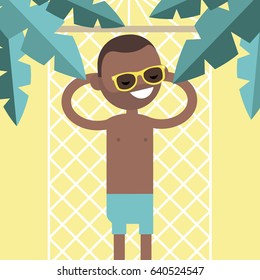 Young black character lying in a hammock under the palm trees. Top view / flat editable vector illustration, clip art