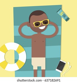 Young black character lying on the beach. Top view / flat editable vector illustration, clip art