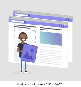 Young black character making a content for the lifestyle media. Webpage layout. Front end developer. Technology. Flat editable vector illustration, clip art