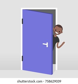 Young black character peeking out from behind the door. Hello or Goodbye hand waving. Welcome home. Flat editable vector illustration, clip art