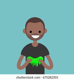 Young black character playing with a slime / flat editable vector illustration, clip art